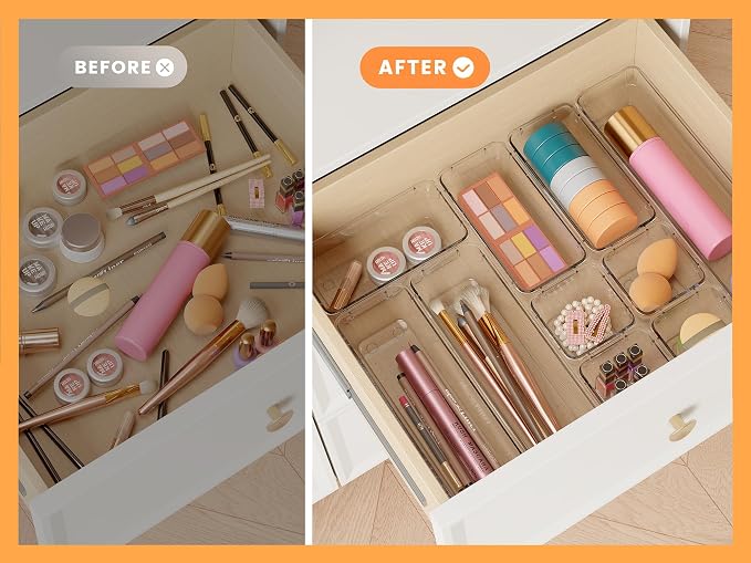 DCA 14 PCS Clear Drawer Organizer, Vanity Organizer Storage Trays | Makeup & Bathroom Organizer | Vanity Drawer Insert | 4 Sizes | Easy to Clean
