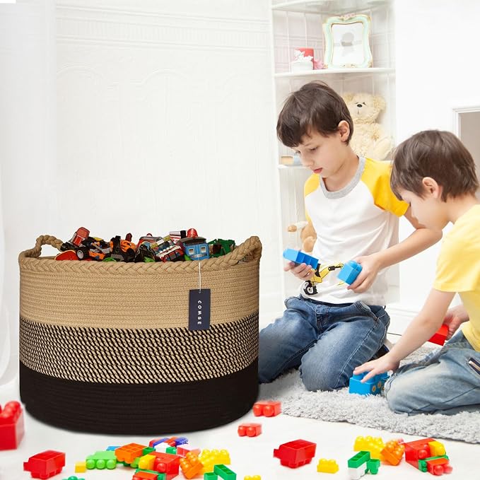 COMSE XXXLarge Woven Blanket & Laundry Basket, 87L, Brown & Black | 21.7" x 13.8", Cotton Rope, Nursery Hamper for Storage of Toys Clothes Towels, Ideal for Living Room Bedroom Bathroom