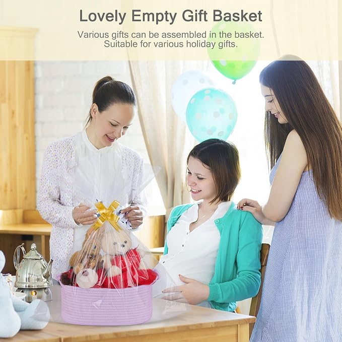 Small Empty Gift Basket with Bag & Ribbons, Purple | 12“x8”x5”, Cotton Rope Woven Basket for Birthdays, Baby Showers, Mother's Day, Christmas; Stores Small Items, Kids & Pet Toys