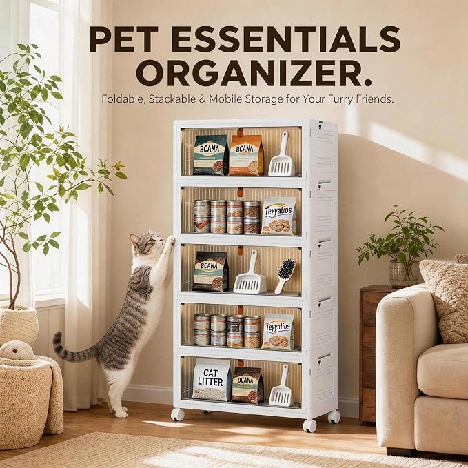 Foldable Stackable Pet Supplies Storage Bin with Wheels, Magnetic Door Collapsible Organizer Cabinet for Pet Toys, Food, Grooming Tools, Multi-Purpose Storage for Home, Bedroom, Laundry Room (white)