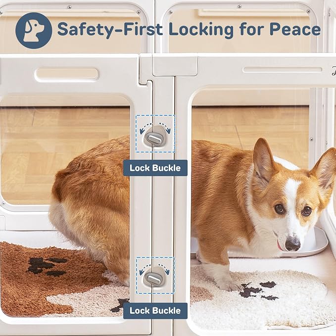 Jalove 24" Acrylic Clear Dog Playpen Indoor, Relieves Pet Anxiety | Ideal for Small Dogs,Plastic Pet Play Pen with Door, Playpen for Rabbit, Easy to Install, White 8 PCS