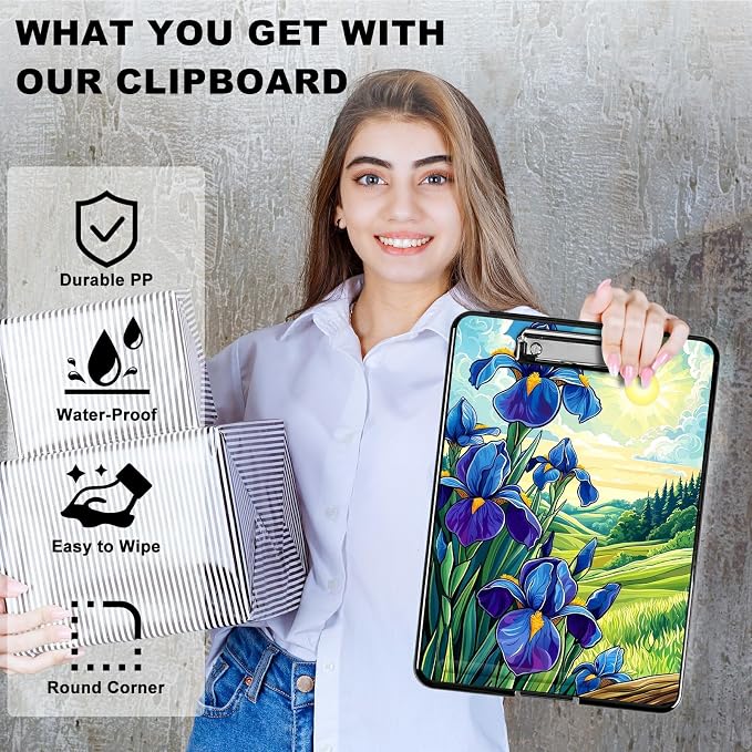 Heavy Duty Storage Clipboard, Slim Nursing Clipboard with Internal Pen Case, Portable File Organizer Case for A4 Letter Size Paper Office Medical Professionals, Blue Flower Lawn