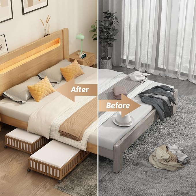 2 Pack Large Bamboo Under Bed Storage Containers with Wheels, Brown | Underbed Drawer Storage with Bag, Wood Rolling Underbed Organizer for Shoes, Sheets Clothes Blanket Comforter, Under Crib Toy