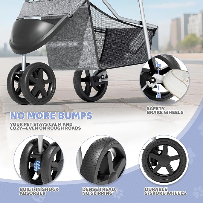 Magshion 3-Wheel Pet Stroller for Small/Medium Dogs & Cats, Up to 33lbs | Foldable Travel Jogger w/ Breathable Mesh Cover, Lightweight Design, Safety Tethers, Cup Holder & Storage Basket
