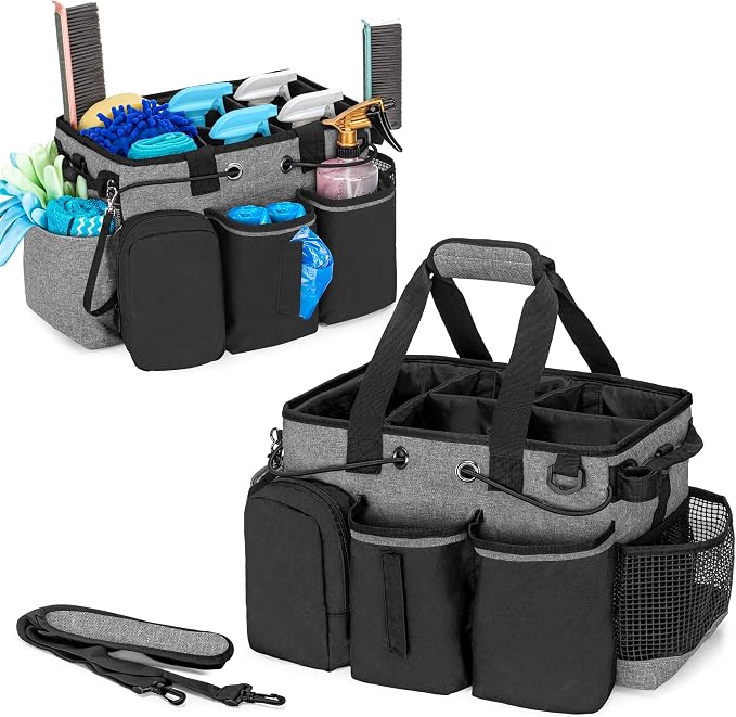 LoDrid Large Professional Cleaning Caddy with Detachable Divider, Black | Cleaning Supply Organizer with Handle and Shoulder Strap for Housekeepers & Cleaners