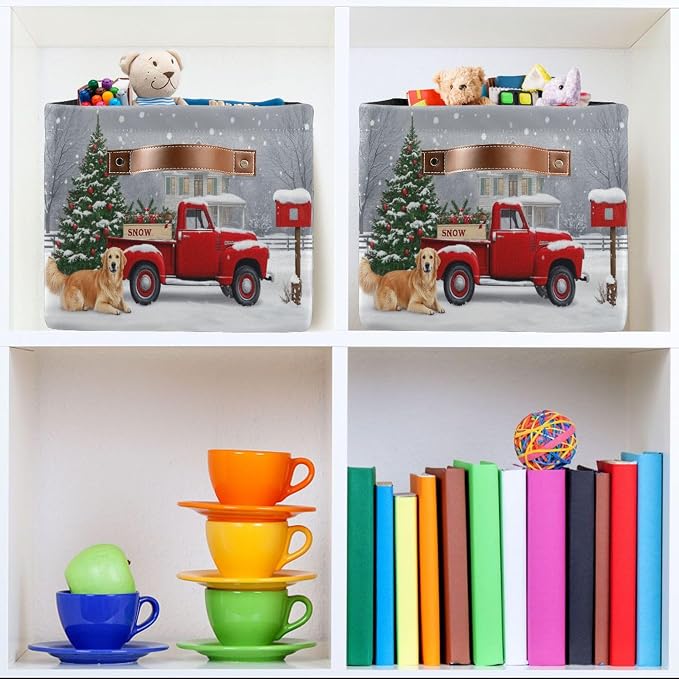 Christmas Tree Red Truck Storage Basket Fabric Laundry Baskets Winter Snowman Snowflake Golden Retriever Dog Storage Boxes Organizer Bag for Cloth Toy Book Storages Shelf Closet Bins 16×12×8 2 Pack