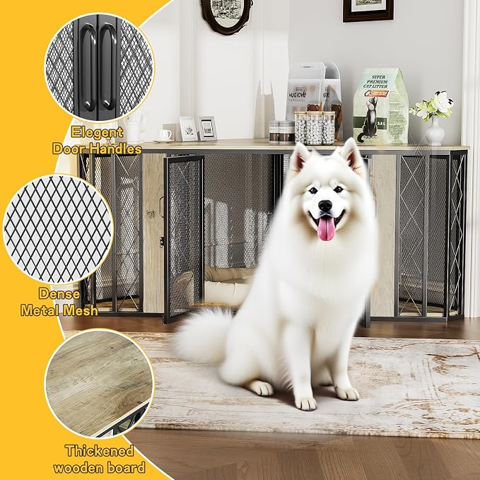 Spacesea XL Corner Dog Crate Furniture, 67" Wooden Corner Dog Kennel, End Table & TV Stand, Chew-Proof, Large Breed Dog Cage for Living Room, Grey