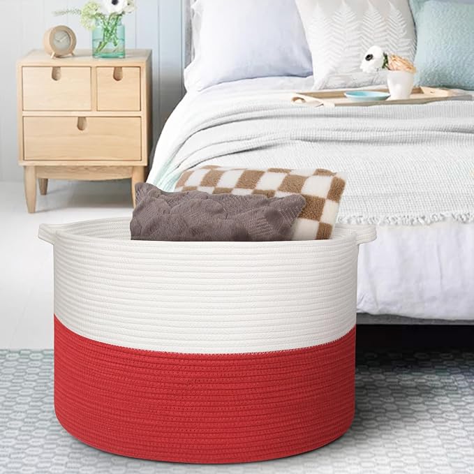 MEGASKET Large Red Baskets for Storage, 22x14 Wicker Woven Storage Basket, Blanket Organizer, Kids Toy Bin Box, Bathroom Beach Towel Basket, Basket for Gifts Decor, Fireplace Living Room Decoration