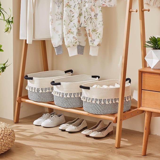 Storage Basket, Woven Baskets for Shelves, White/Black | 3 Pack Boho Cotton Rope Storage Baskets, 14" x 9" x 8", Home Organizer for Nursery, Holds Toys, Books & Towels
