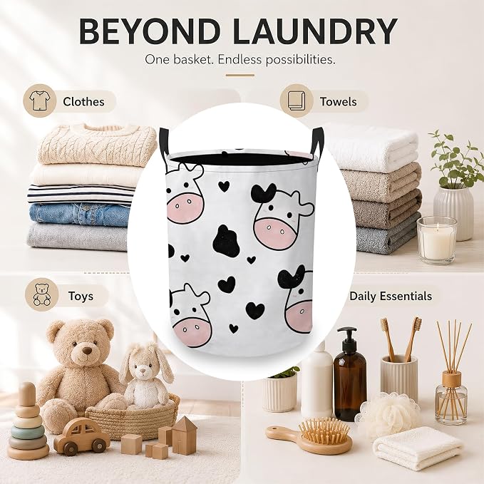 Cute Cow Laundry Hamper, Black Hearts Laundry Baskets, Waterproof Oxford Cloth for Room/Bathroom/Bedroom/Dormitories 16x20.8 Inch