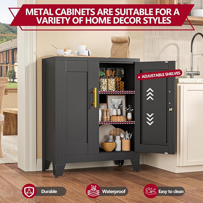 Black Metal Storage Cabinet, 36" Steel Locking Cabinets | Small Cabinet with Doors and 2 Adjustable Shelves, Utility Cabinet, Steel Locker Organizer for Office, Home, Garage, School