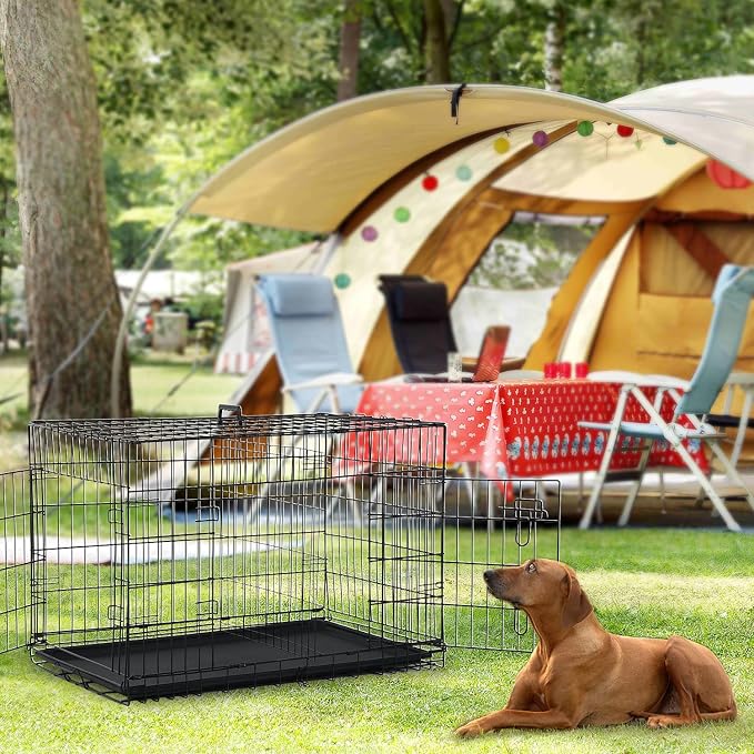 Dopinmin 42 Inches Dog Crate Double Door Pet Crate Black | Folding Metal Wire Dog Cage with Divider Panel Leak-Proof Plastic Pan Indoor Outdoor Pet Crates for Medium & Large Breed Pet