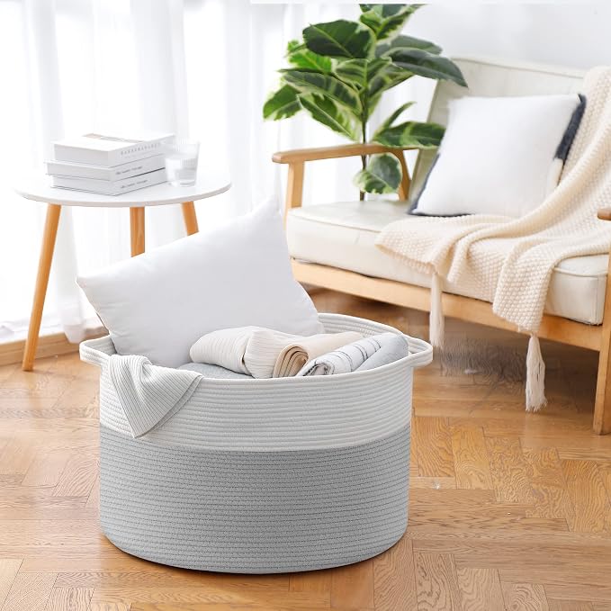 MEGASKET XXXL Large Cotton Rope Storage Bin, 22" X 14" Basket for Blankets Living Room, Woven Baby Kids Toy Storage Bin Box, Giant Throw Pillow Organizer Holder, Large Wicker Basket for Shoes, Gray
