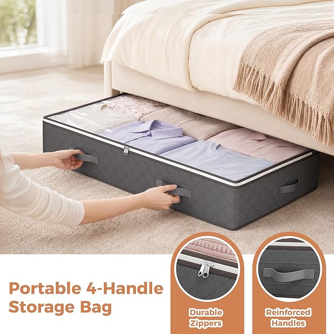 95L Under Bed Storage Containers, 4 Pack Closet Organizers Grey | Foldable underbed storage bins for linen sheets, blanket, clothing, comforter, sweaters, pillows, wrapping paper