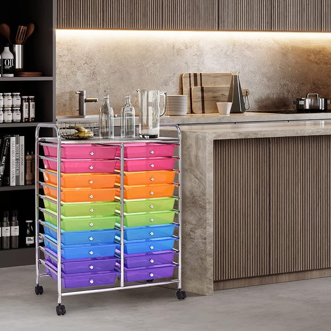 20 Drawer Rolling Storage Cart, Art Cart Organizer with Wheels for Makeup, Tool, Paper, Multipurpose Craft Storage Cart with Drawers for Office, Home, Classroom, Teacher, School (Rainbow)