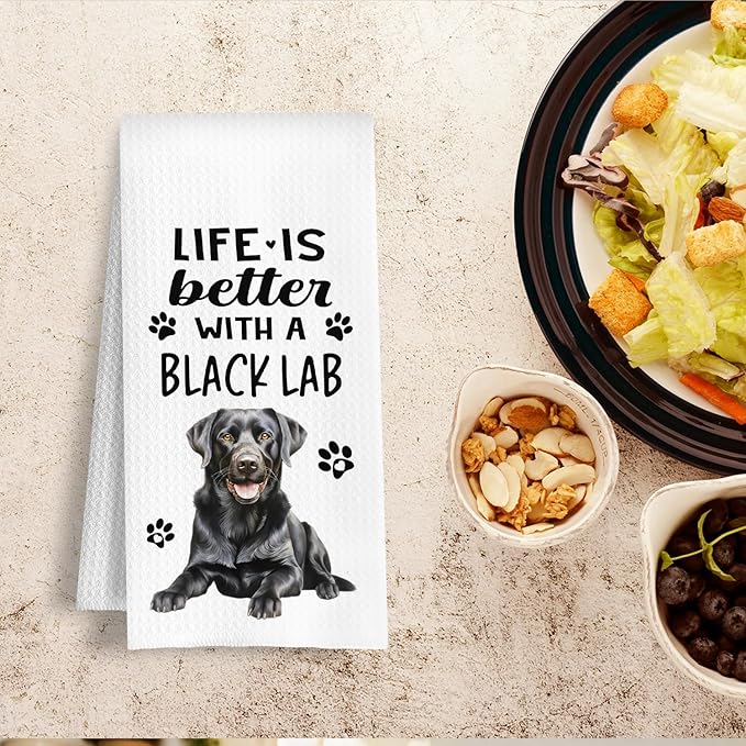 Funny Black Lab Kitchen Towels, Life is Better with a Black Lab Dish Towel for Kitchen Home Bathroom Decor, Dog Lovers Gift, 16×24 Inch