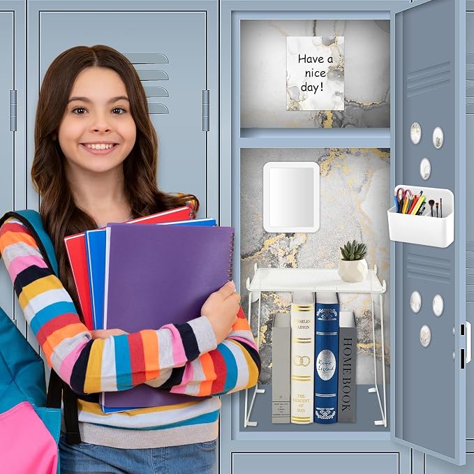 QOUBAI White Locker Accessories and Organizer Kit Include Marble Print Wallpaper Magnetic Mirror Whiteboard Pen Holder Magnet Locker Shelf Essentials for Back to School Supplies