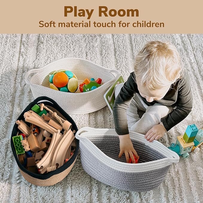 Goodpick Small Woven Rope Gift Basket Empty, 12" x 8" x 5", Jute and Black | Baby Basket for Baby Showers Toys, Fits Living Room Nursery Bedroom Organization, Dog Toy Storage, with Durable Handles