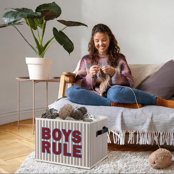 Boys Nursery Foldable Storage Bins Box with Handles, Boys Rule Trendy Retro Striped Decorative Storage Boxes Baskets Toybox Organizer for Kids Boy Nursery Toddler Room Bedroom Playroom