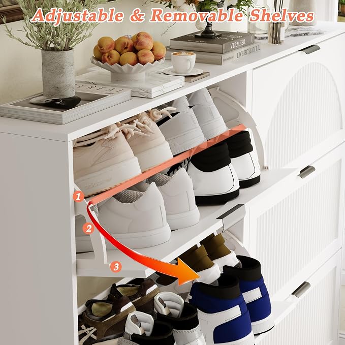 Shoe Storage Cabinet with 6 Flip Drawers, Narrow Wood Shoe Organizer Cabinet with Fluted Panel, Slim Shoe Rack for Entryway, Freestanding Shoe Cabinet for Living Room, Hallway, White