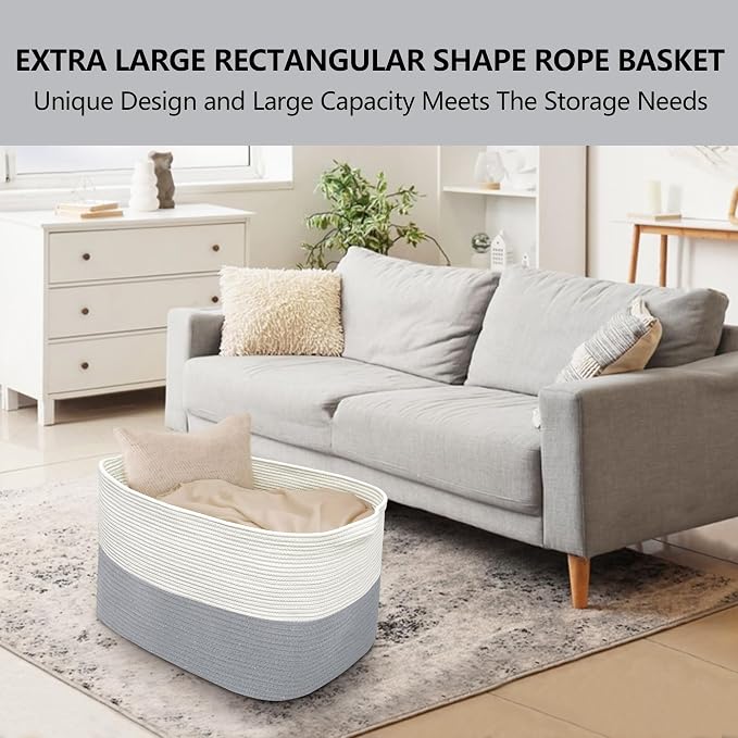 MEGASKET XXXXL Blanket Basket, 25" x 16" x 16"(108L) Rectangle Basket for Blankets Living Room, Extra Large Wicker Woven Blanket Pillow Storage Bin, Soft Kids Dog Toy Box Storage Bin Organizer