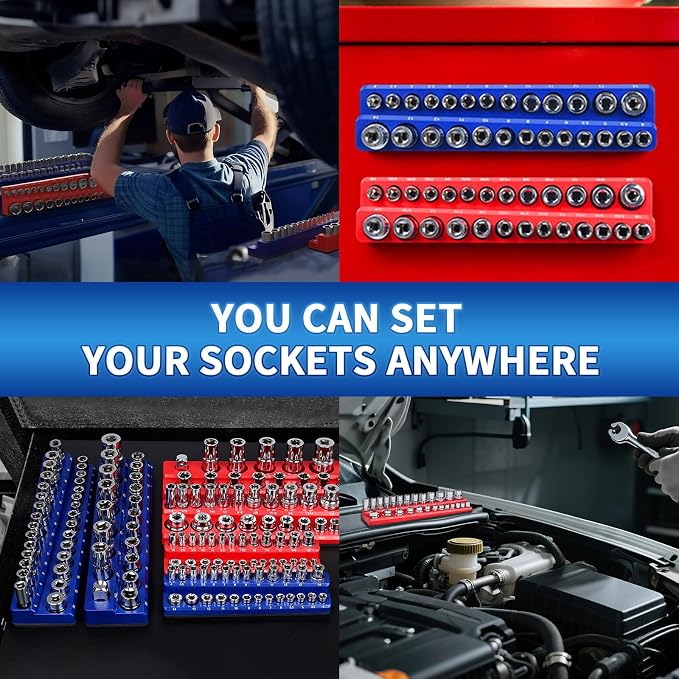 8-Piece Magnetic Socket and Wrench Organizer Set for Tool Box | 6 magnetic socket trays + 2 wrench racks for toolbox drawers; fits 1/4, 3/8 and 1/2 in metric/SAE; tools not included