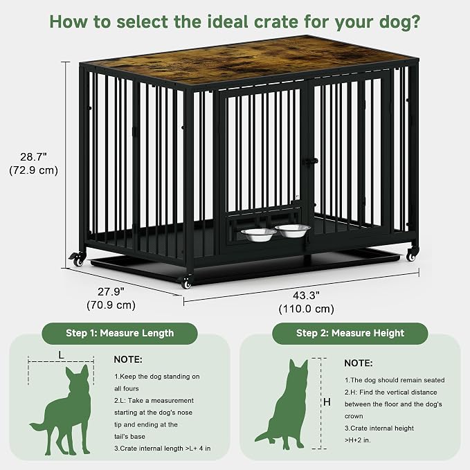 43.3" Heavy Duty Large Dog Crate with Wheels & Feeding Bowls, 3 in 1 Foldable Extra Large Dog Kennel & Playpen, Indestructible Escape Proof Metal Dog Cage for Large Dogs, Indoor Outdoor, Rustic Brown