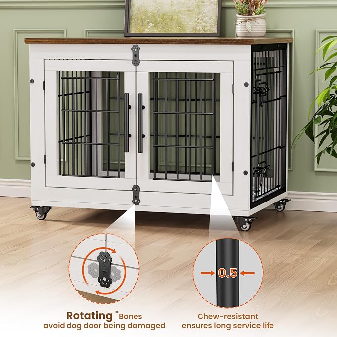 Medium Dog Crate Furniture, 32'' Heavy Duty Kennel w/Cushion & Wheels | White, Double Doors, Wooden Dog Cage, Chew-Resistant, End Table, Decorative, 27"/32"/38"/44" Options, Indoor