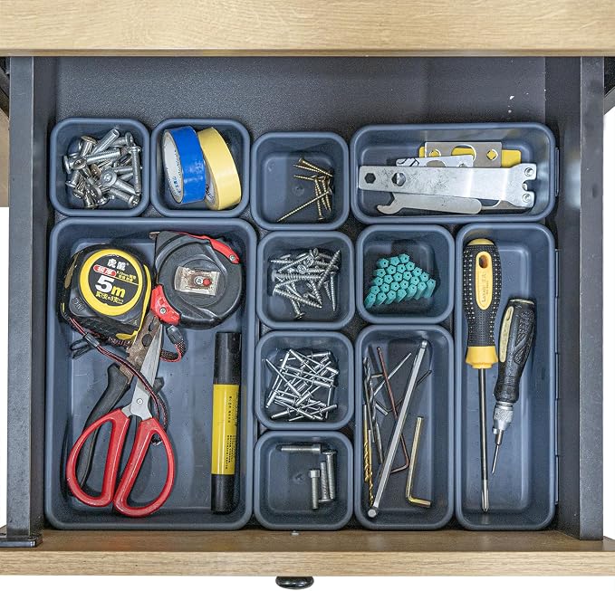 BOPART 25PCS Drawer Organizer Set, Interlockting Desk Drawer Storage Bins Trays for Organizing Cosmetics Jewelries or Gadgets at Office, Bathroom Vanity or Garage Junk Drawer Organization