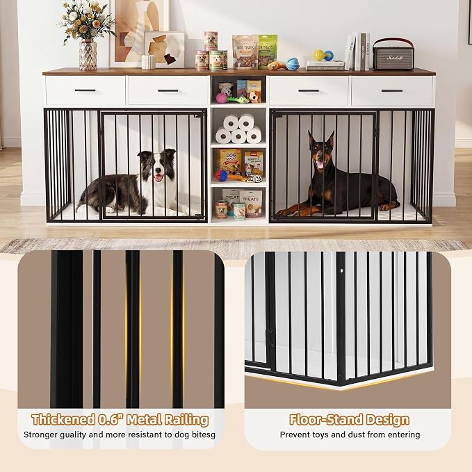 82 Inch Double Dog Crate Furniture for 2 Medium/Large Dogs, White | Extra Large Indoor Wooden Kennel, 4 Drawers & 4 Shelves, Heavy Duty Dog Crate TV Stand, Removable Divider