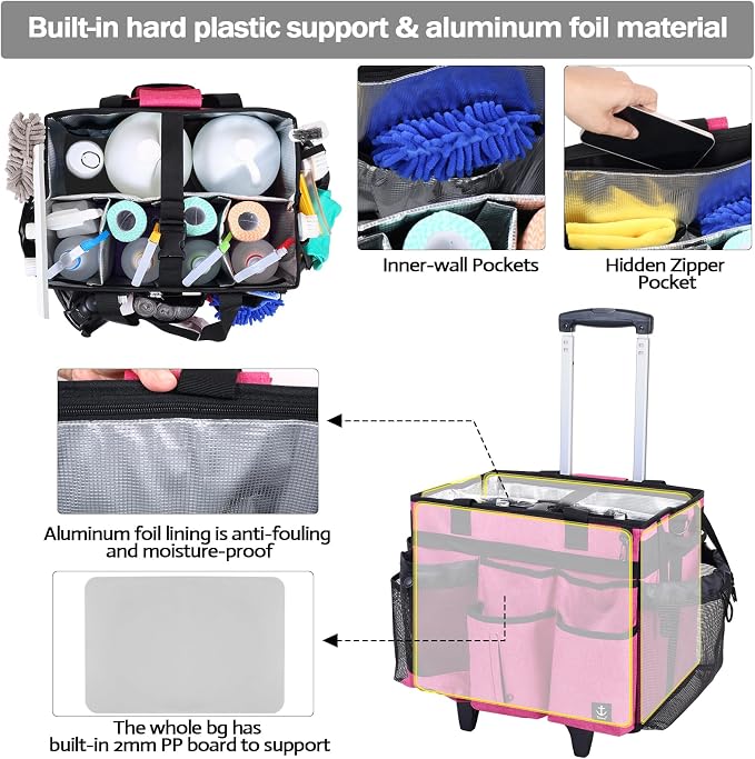 Rolling Cleaning Caddy Bag Built-in Hard Plastic Sheet Detachable Trolley | Aluminum foil lining, Adjustable dividers Adjustable Shoulder Strap and Multiple Storage Pockets