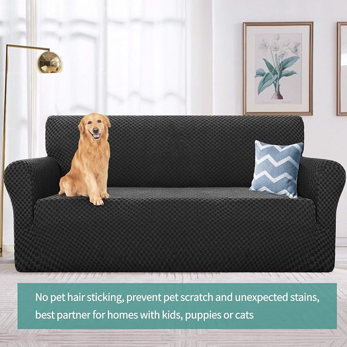 YEMYHOM Couch Cover Latest Jacquard Design High Stretch Sofa Covers for 3 Cushion Couch, Pet Dog Cat Proof Slipcover Non Slip Magic Elastic Furniture Protector (Large, Black Checkered)