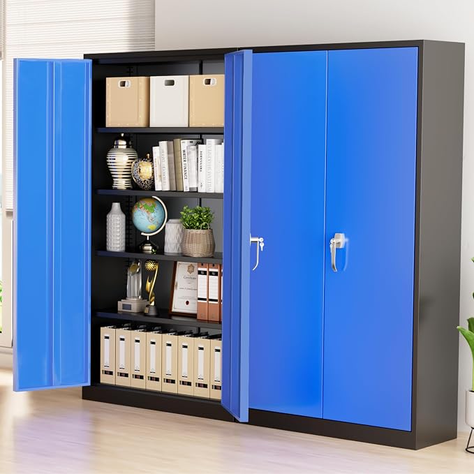 Greenvelly Metal Storage Cabinet with Doors and Shelves, 72" Inch Locking Metal Cabinet,Garage Storage Cabinet for Garage Office School Warehouse (Black Blue)