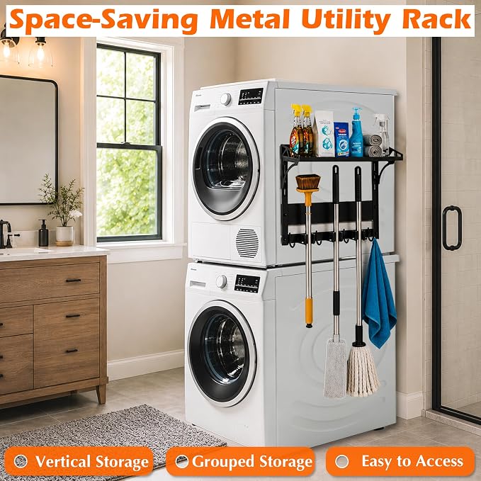 MUTUACTOR Heavy Duty Magnetic Broom Holder,Anti-slip Magnetic Tool Rack with Top Utility Shelf, Easy Assembly Broom Mop Organizer for Refrigerator Metal Cabinet Laundry Room Kitchen,3-Clamps 4-Hooks