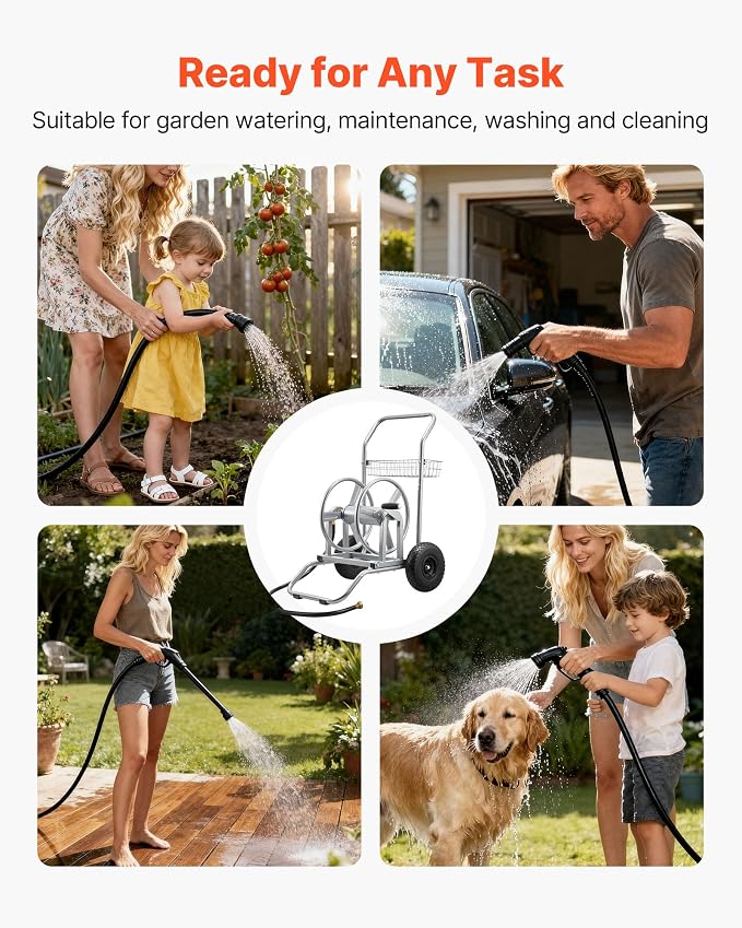 VEVOR Hose Reel Cart, 200/300ft High-Pressure Garden Hose Cart, Hoses Reel Carts with Two Wheels, Handle & Heavy-Duty Mesh Storage Basket, Dual-Purpose Portable Hoses Reels for Garden, Car, Pet
