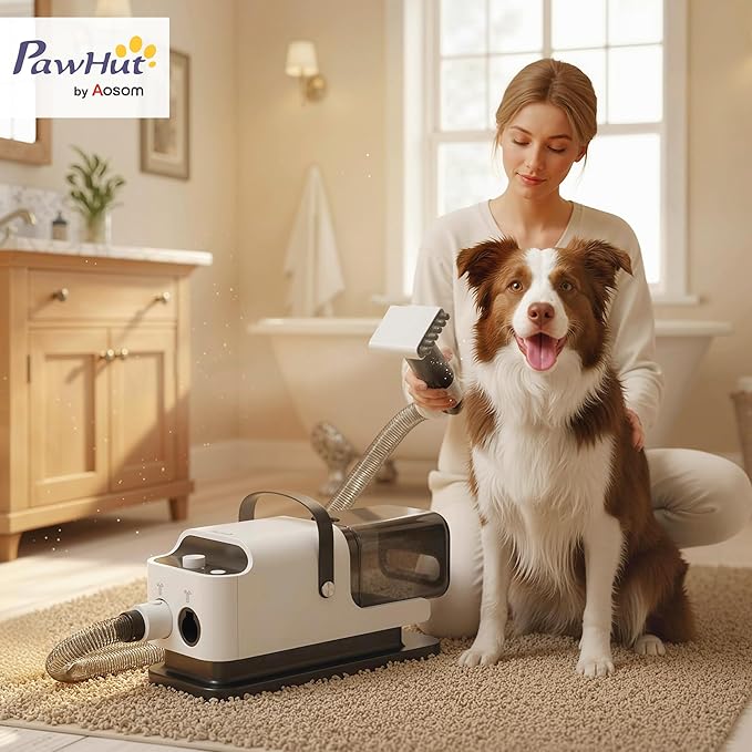 PawHut Dog Grooming Vacuum & Dryer, 5 in 1 Pet Grooming Kit with 50dB Low Noise Electric Clipper, 12Kpa Powerful Dog Vacuum for Shedding Pet Hair, Adjustable Speed & Temperature, 1.8L Canister