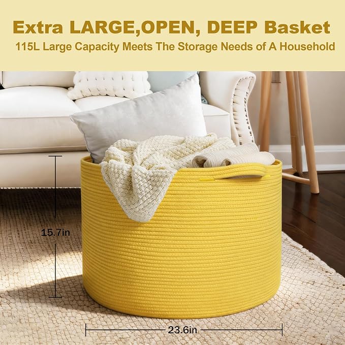Extra Large 115L Yellow Basket, 23.6" x15.7 Cotton Rope Yellow Decor for Living Room Bedroom, Woven Basket for Blanket, Laundry, Towel, Shoe, Kids Toy Box Organizer, Room Decor Storage Bin
