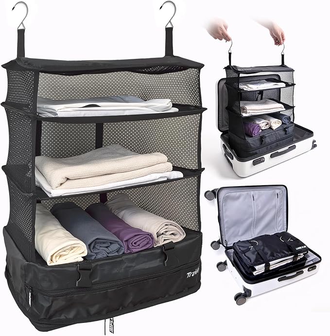 Stow-N-Go Hanging Travel Shelves, Packing Organizer for Luggage. Carry on Closet for Suitcase. Expandable Packing Cube. Travel Essentials. (Black - XL, XL = (L) 17.7" x (W) 11.8")