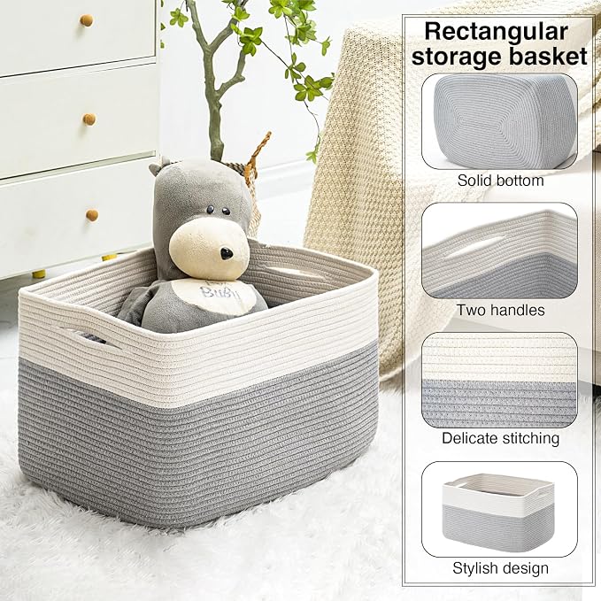 ICERZCZ Large Blanket Basket Living Room, Rectangle Storage Basket, Large Basket for Blankets, Woven Cotton Rope Baskets for Storage Toy Dirty Clothes, 22”x17”x12”, White & Grey, 75L