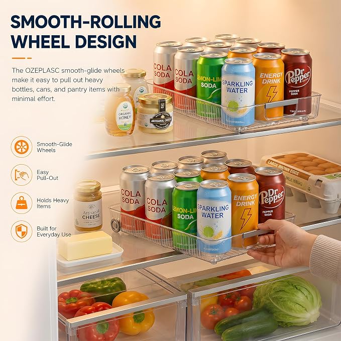 2 Pack Profile Fridge Organizer Bins with Wheels, 2.3'' Low Clear PET Roll Out Refrigerator Trays with 4 Dividers for Soda Cans, Drinks, Snacks and Pantry