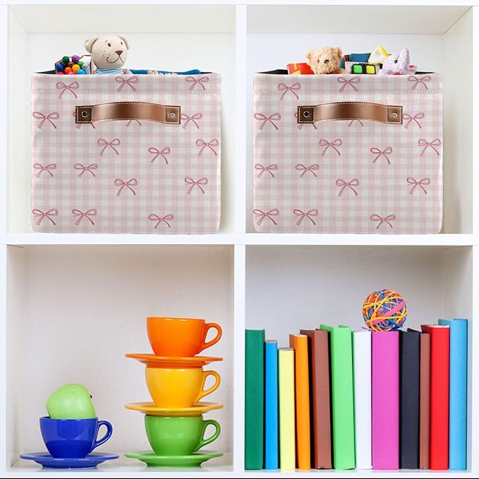 Wamika Pink Cherry Bow Storage Basket with Waterproof Liner and PU Handles Coquette Bowknot Storage Bins Boxes 14.2" Collapsible Decorative Organizer Baskets for Bedroom Closet Office 1 Pack
