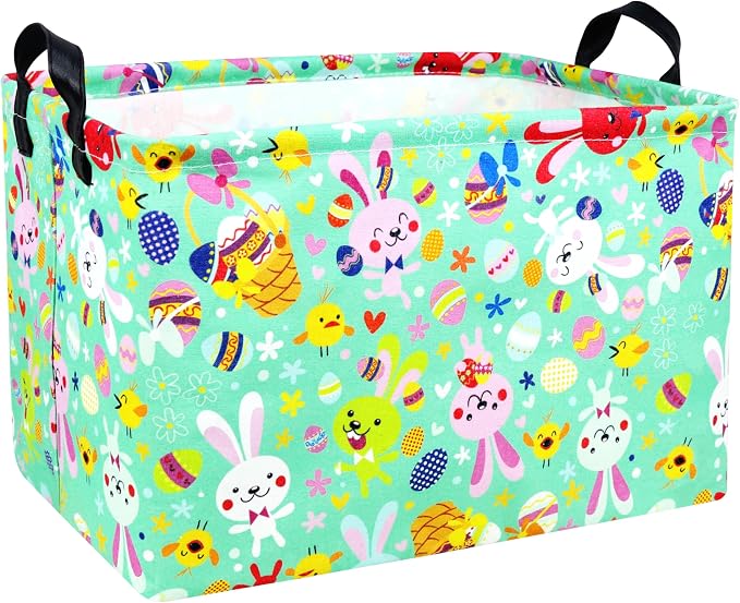 Large Rectangular Easter Baskets Empty Waterproof Boy Toy Box Foldable Kid's Gifts Storage Bin Spring Room Decor(Green Dancing Rabbit)