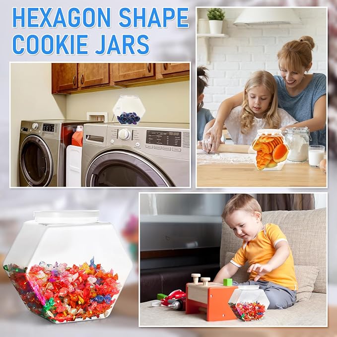 Uiifan Plastic Candy Jar with Lid Clear Hexagonal Fish Bowls,70 Oz | Clear Cookie Jar Desk Pet Display, Dog Food Craft Supplies Coffee Pod Storage, Wide Mouth Easy Access Organizer