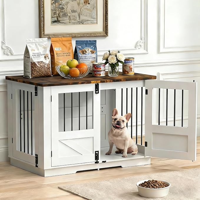 39.4" Dog Crate for Small/Medium Dogs, 3-in-1 Furniture Style Wood Dog Crate End Table TV Stand with 3 Doors, Decorative Pet House Dogs Cage Furniture for Living Room, Bedroom, Entryway, White