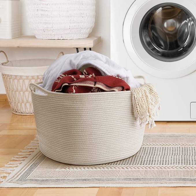Maliton Woven Rope Blanket Basket Living Room, Storage Basket for Toy, 90L | 22"x14" Cotton Rope Basket. Holds Blankets, Toys & Towels & Laundry. For Bedroom, Nursery, Bath & Playroom. Soft & Durable