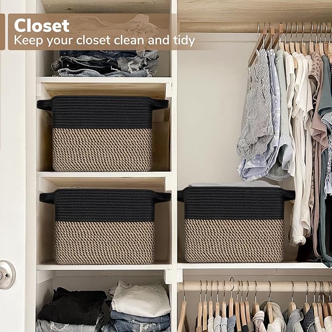 Goodpick Woven Storage Basket for Shelves, 13" x 10" x 9", Black Jute | Stylish Gift Basket for Office & Home, Wicker Baskets for Books, Toys & Towels Storage, Nursery & Bedroom Closet Organization
