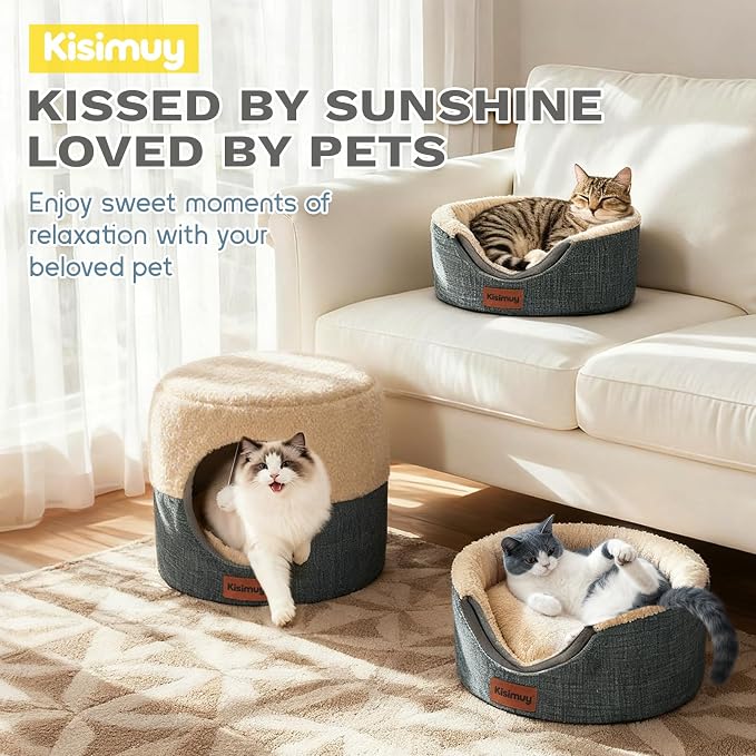 2-in-1 Foldable Cat Bed for Indoor Cats, Cat Cave & Sofa Bed | 15.7"D x 13"H, Reversible Plush & Linen Cushion,Enclosed Cat Bed, Hanging Cat Toys, Non-Slip, Small Cat House, Grey