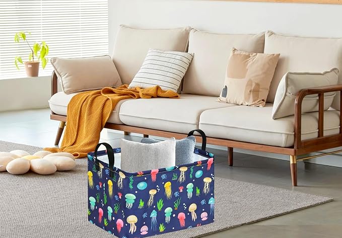 Kid Storage Basket Gift Shelf Basket Toy Storage Bin, Nursery Basket Organizer Box for With Handles for Room Deco (Colorful Jellyfish)
