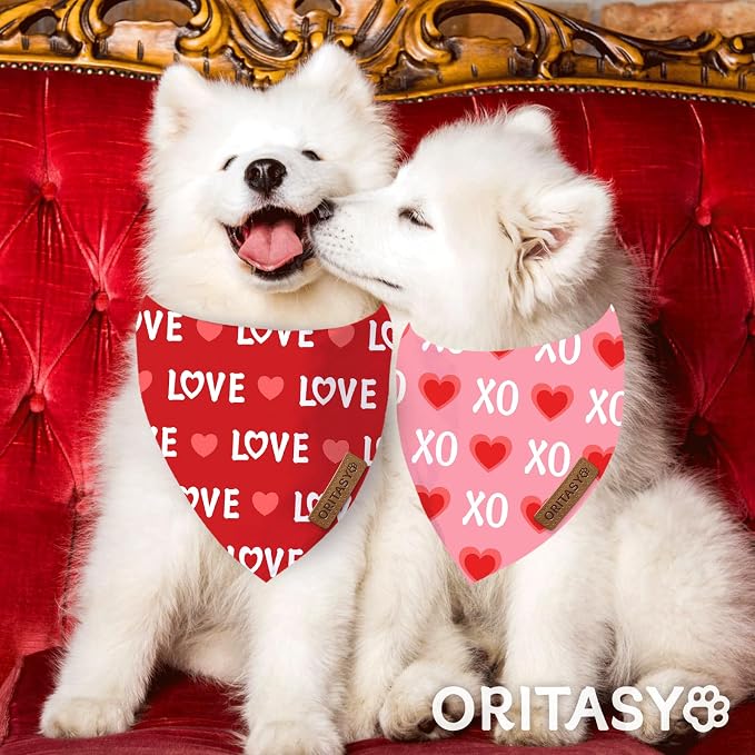 Valentines Day Dog Bandanas, 2-Pack Triangle Reversible Love Pet Scarves, Premium Fabric Bandana (Large, Style 1)