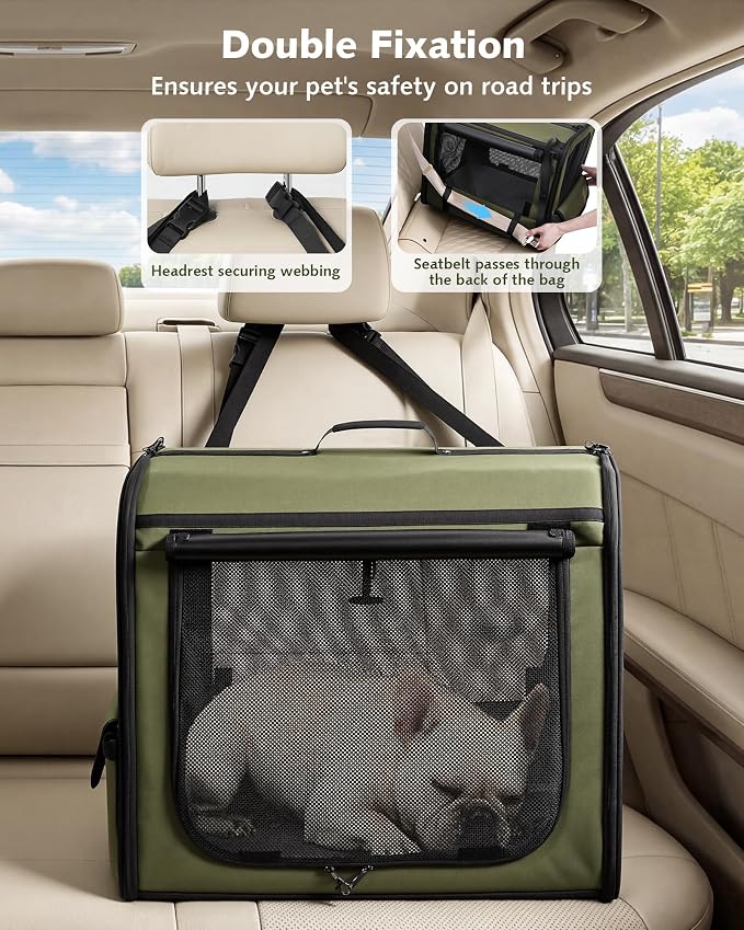 Dog Car Carrier Light Weight 24×17.7×20.5in, Foldable Dog Carrier, Green | Easy to Assemble, Portable and Breathable Pet Carrier, Suitable for Indoor and Outdoor Use, Dog Travel Crate with Curtain